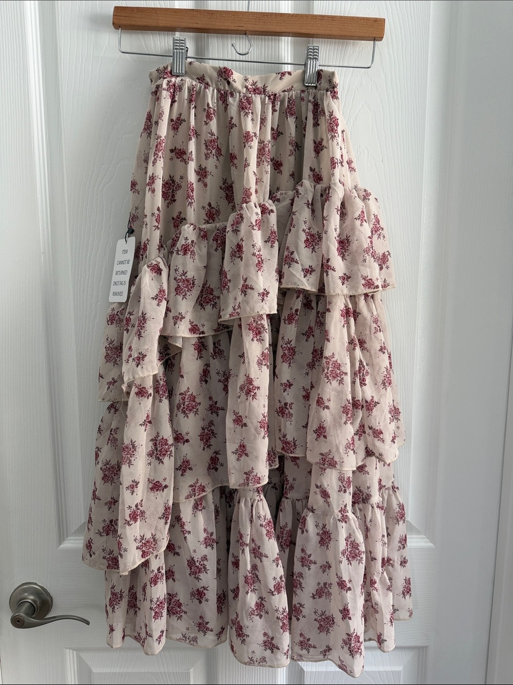 Joyfolie Cream Tiered Ruffle Skirt with Burgundy Floral